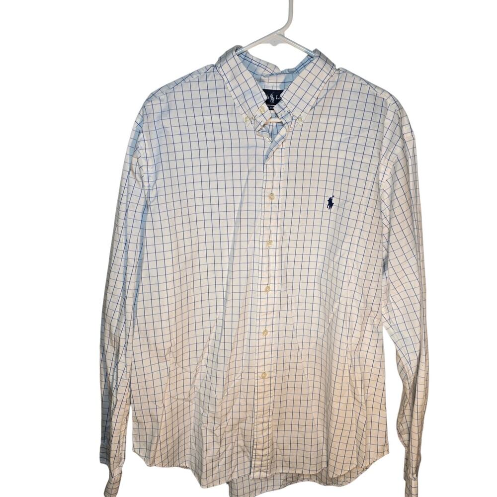Ralph Lauren Long Sleeve Shirt 17, 36/37 White with Blue Checks Excellent Preppy